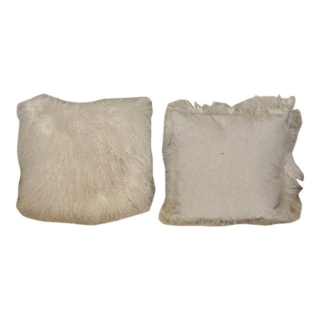 Pair of Genuine White Mongolian Sheepskin & Textured Bouclé Throw Pillows For Sale