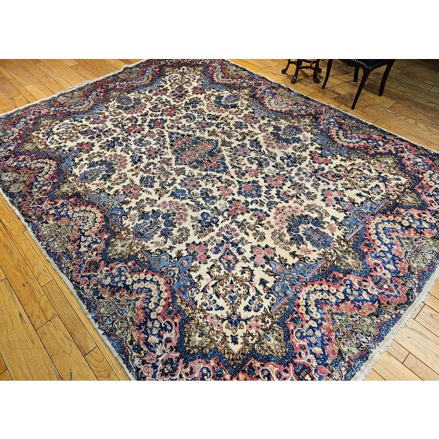 Vintage Kerman Rug, Hand-Knotted Wool, Allover Floral Pattern, Ivory & Blue, 9x12 For Sale - Image 4 of 17