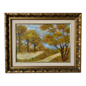 1970s Vintage Impressionist Autumn Landscape Oil on Masonite Board – Framed