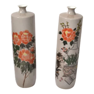 Set 2 Chinoiserie Gray Orange Green Hand-Painted Japanese Decor Floor Vases 1979