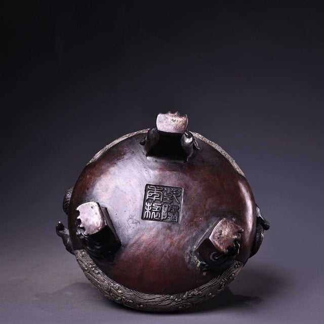 Bronze Silver-Washed Dragon Tripod Censer — High Relief Lidded Incense Burner For Sale - Image 4 of 9