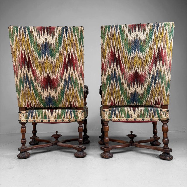 Wood Antique Armchairs in Walnut with Ikat Pattern, Late 19th Century, Set of 2 For Sale - Image 7 of 18