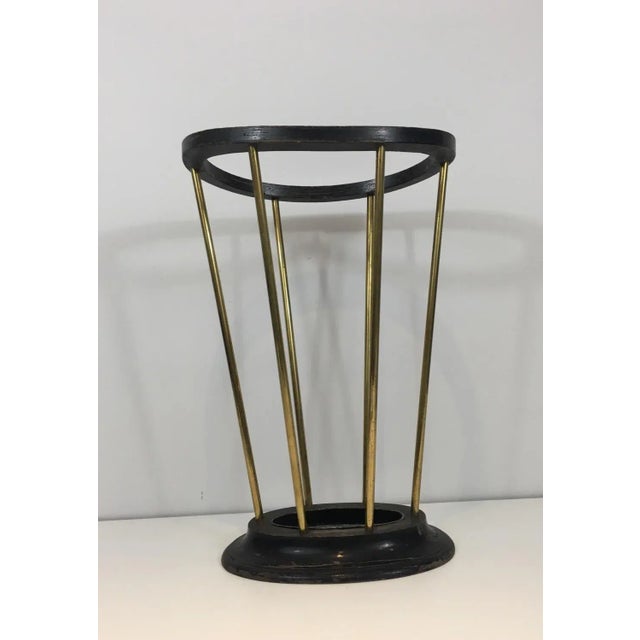 Wood Attributed to Jacques Adnet, Ebonized Wood and Brass Umbrella Stand For Sale - Image 7 of 13