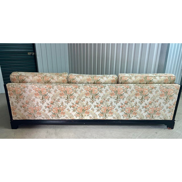 Cream Vintage Chinoiserie Key City Custom Asian Style Black Lacquered Sofa With Floral Brocade Fabric For Sale - Image 8 of 12