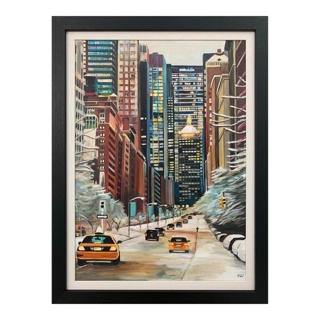 Angela Wakefield, Painting of New York City Taxis in Winter Snow by Contemporary British Artist, 2020 For Sale