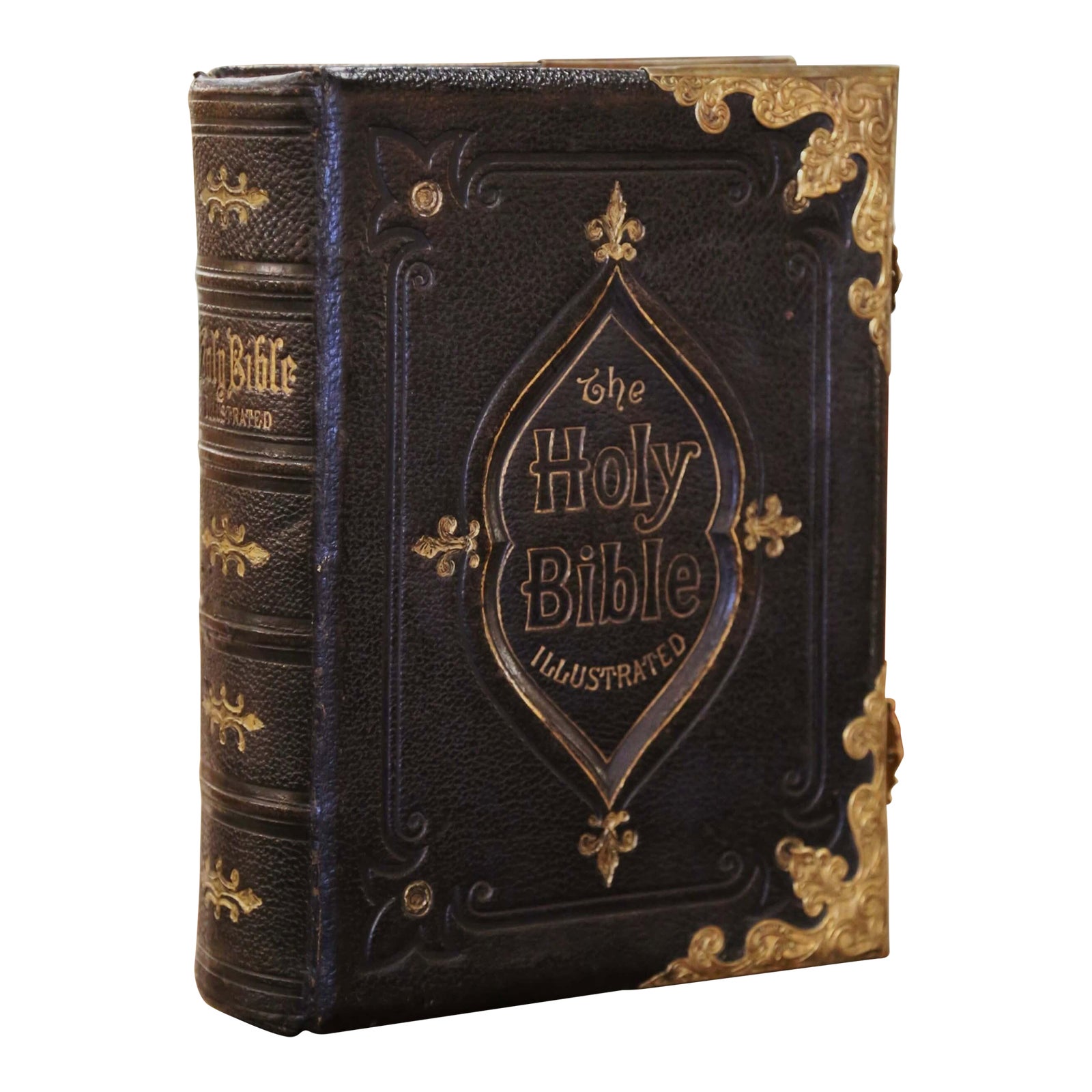 19th Century English Leather Bound and Brass Locks Holy Bible