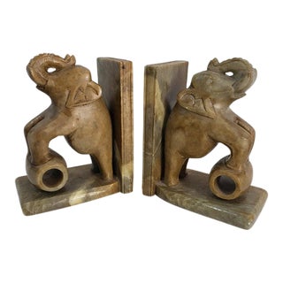 Vintage Green & Brown Slag Marble Elephant Bookends - a Pair For Sale