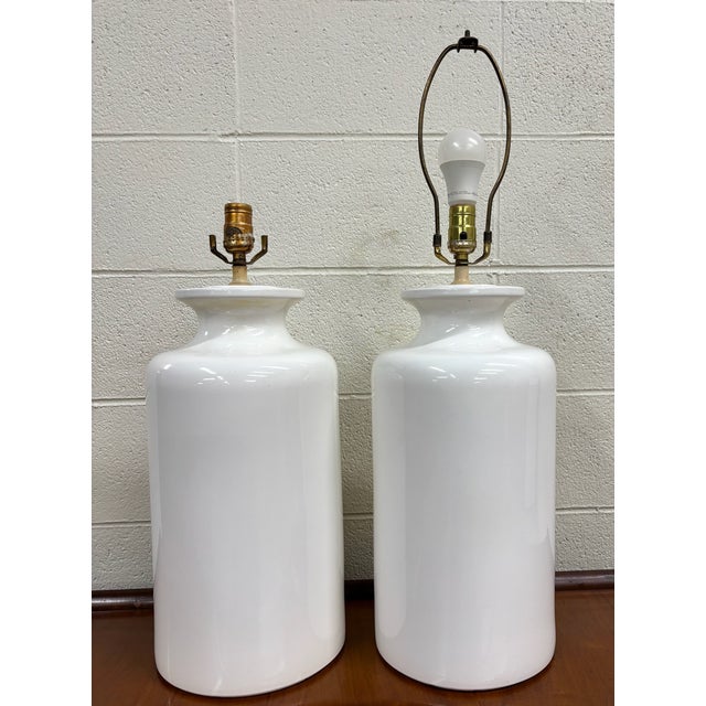Vintage Ceramic Jar Bucket Urn Lamps, Flat White Glazed - Pair For Sale - Image 10 of 11