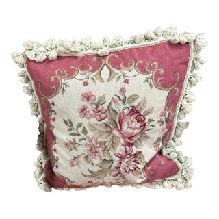 1990s Filled Needle Point Pillow With Tasseled Fringe in Reds, Pinks and Beige with Velvet Backed For Sale