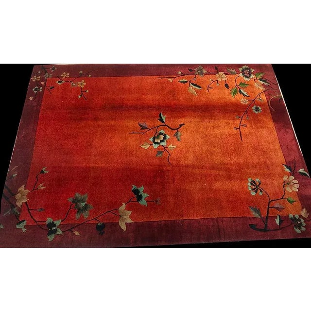Art Deco 1920s Ruby Red Floral Antique Chinese Art Deco Rug 5' X 6'9" Knotted Pile Wool Carpet For Sale - Image 3 of 9