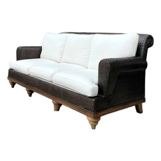 Vintage Woven Rattan Roll Arm Sofa For Sale
