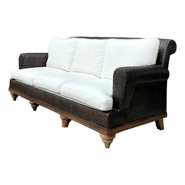 Vintage Woven Rattan Roll Arm Sofa For Sale