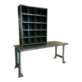 1940s Two Piece Industrial Green Metal Workbench With Cubby Tool Storage For Sale