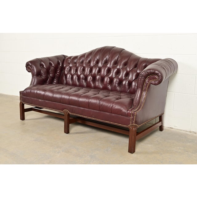 English Vintage Chippendale Tufted Oxblood Leather Camelback Chesterfield Sofa by North Hickory Furniture For Sale - Image 3 of 11
