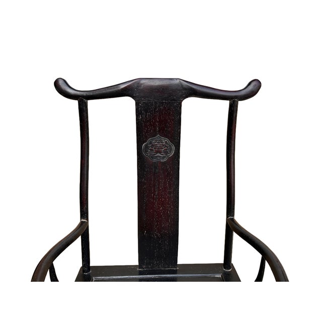Chinese Chinese Traditional Black Brown Yoke-Back Armchair Set W Small Table For Sale - Image 3 of 12