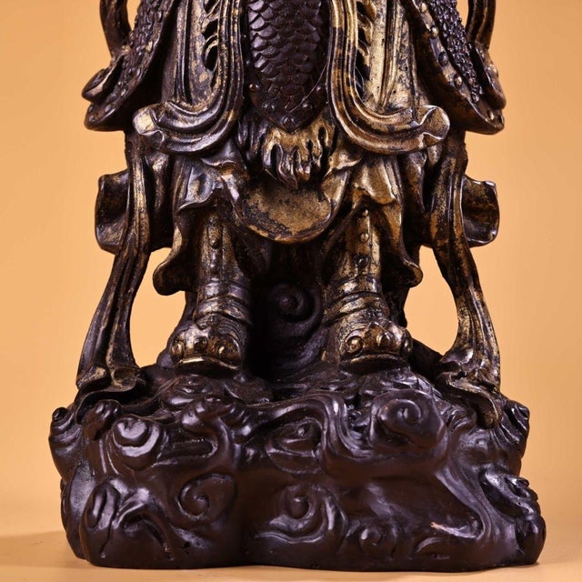Copper Vintage Gilt Copper Wei Tuo Guardian Deity Sculpture, Buddhist Temple Standing Statue For Sale - Image 8 of 9