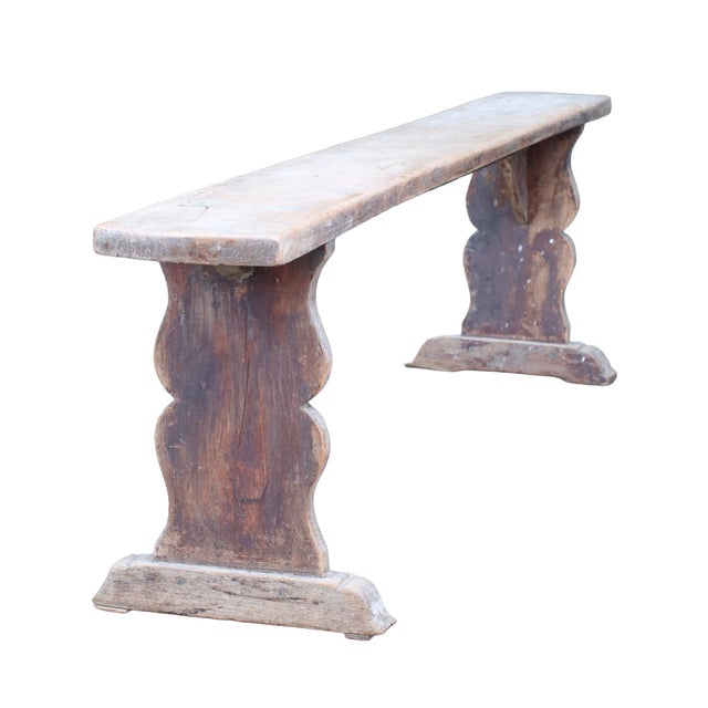 1900 - 1909 Long French Wabi-Sabi Pine Bench with Sculptural Trestle Supports, 1900 For Sale - Image 5 of 11