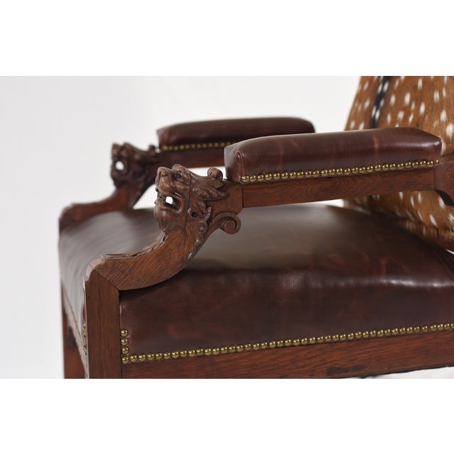 19th Century Gentleman's Library Chair Restored in Axis Deer Hide and Chesterfield Leather For Sale - Image 14 of 17