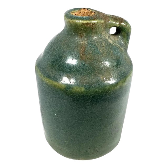 Antique Miniature Stoneware Jug: Greenish-Blue Glazed Pottery For Sale
