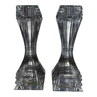 Vintage 1980s Mikasa Attributed Crystal City Lights Art Deco Candle Holder Pair For Sale
