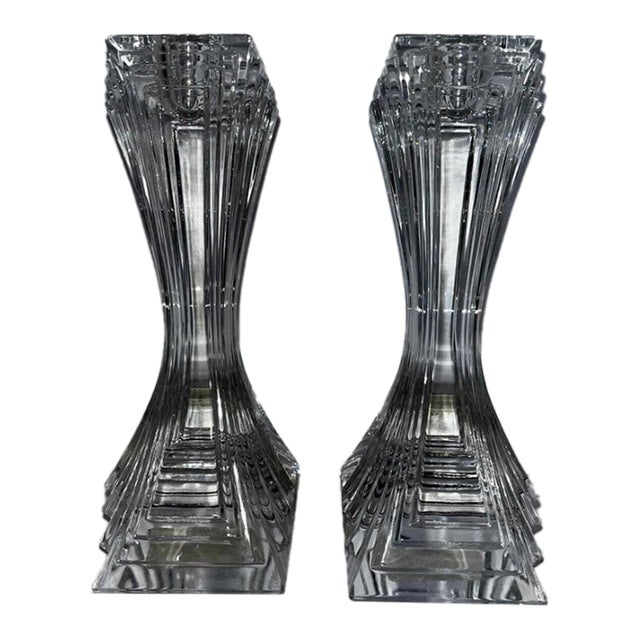 Vintage 1980s Mikasa Attributed Crystal City Lights Art Deco Candle Holder Pair For Sale
