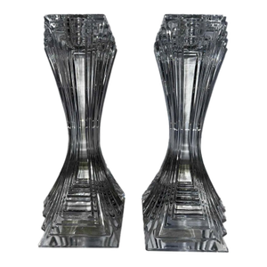 Vintage 1980s Mikasa Attributed Crystal City Lights Art Deco Candle Holder Pair