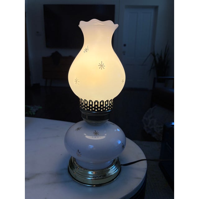 Vintage Atomic Starburst Milk Glass Two-Light Hurricane Lamp For Sale - Image 4 of 9