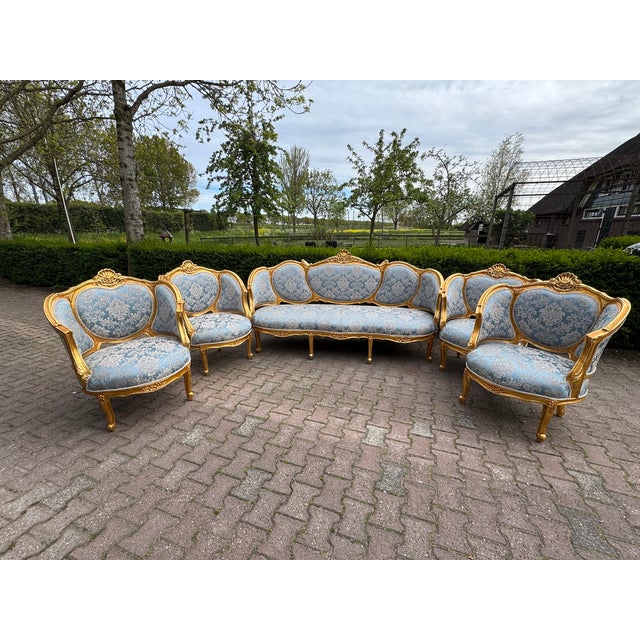 Wood 1940 Euro Artisan Louis XVI Gold Beech Damask Sofa Set-5 Pc For Sale - Image 7 of 18