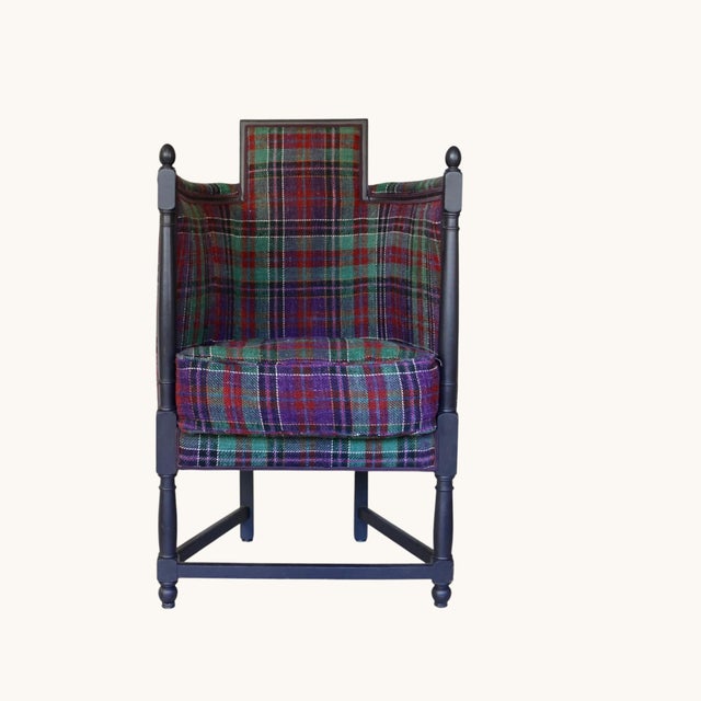 Textile Large Antique Armchair with High Armrests in Tartan Fabric, 1890s For Sale - Image 7 of 13