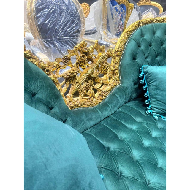 French Baroque Style Settee – Green Forest Velvet For Sale - Image 9 of 9