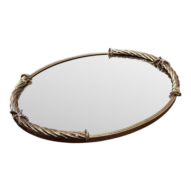 Vintage 98’ Stylebuilt Mirrored Vanity Tray, Ormolu Twisted Rope and Bow Design, Organizer For Sale