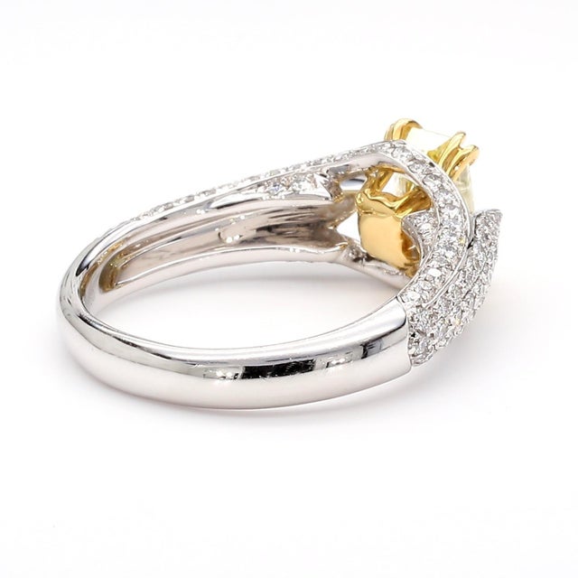 1990s Gia Cert. 1.01 Carat Fancy Intense Yellow Radiant Diamond Pave Set Split Ring, Size 6.25 For Sale - Image 4 of 12