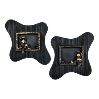 Mid-Century Asian Black Chalkware Amoebic Wall Hanging Sculptures - A Pair For Sale