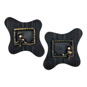 Mid-Century Asian Black Chalkware Amoebic Wall Hanging Sculptures - A Pair