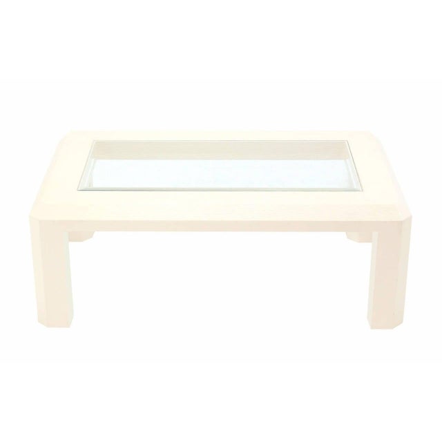 Harrison Van Horn Beige Lacquered Textured Grass Cloth Rafia Rectangular Glass Top Coffee Table For Sale - Image 4 of 9