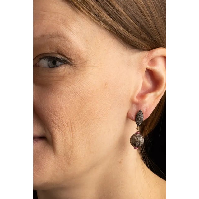 Pair of Pave` Diamond and Ruby Drop Earrings For Sale - Image 4 of 4
