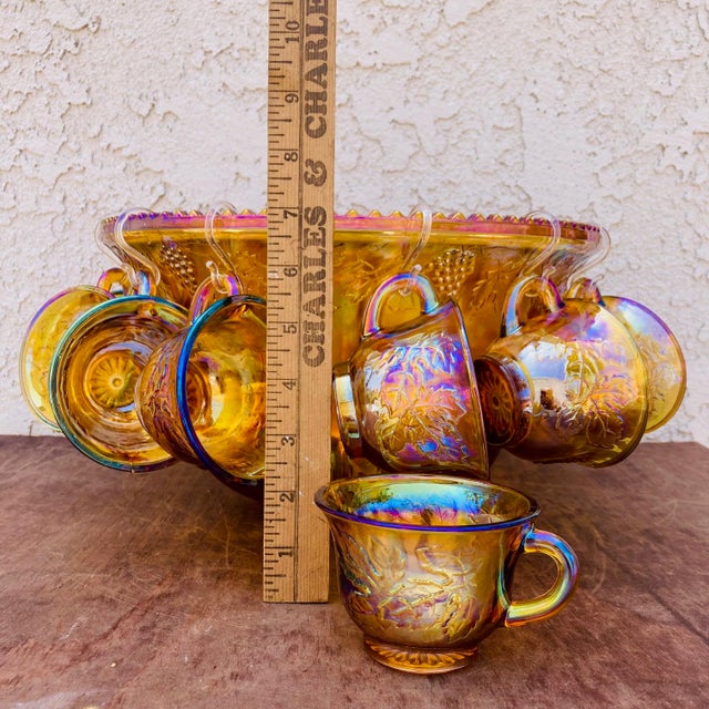 Amber Mid Century Carnival Glass Punch Bowl Set- 25 Pieces For Sale - Image 8 of 12