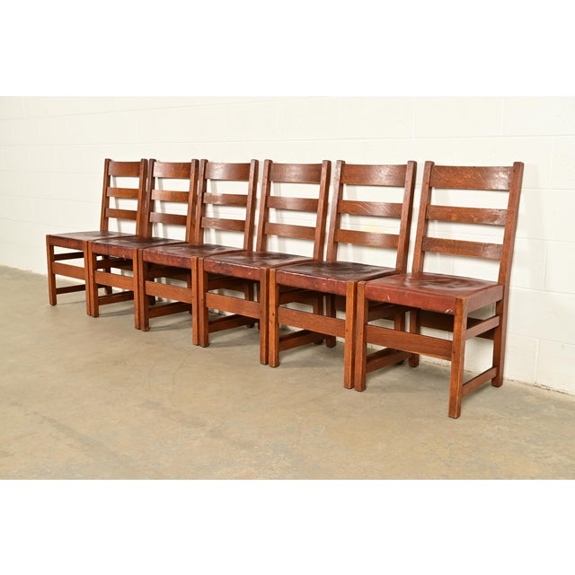 Early 20th Century L. & J. G. Stickley Antique Mission Oak Arts & Crafts Ladder Back Dining Chairs | Set of Six For Sale - Image 5 of 16