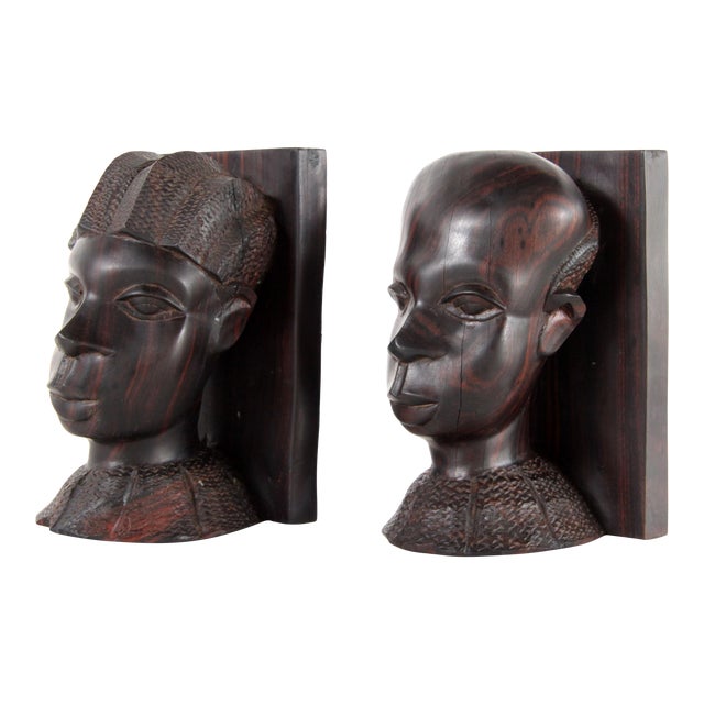 Vintage West African Hand Carved Wenge Tribal Bookends - a Pair For Sale