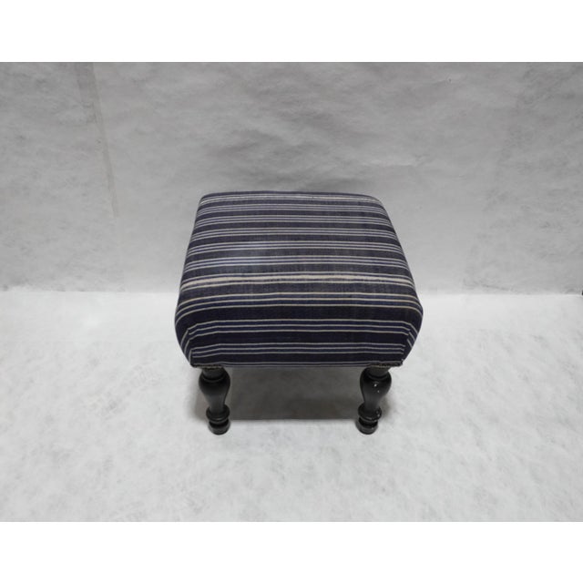 Custom Stripped Brentwood Footstool by Rooms & Gardens Base price retails for $795 + COM Simple navy, blue, and white...