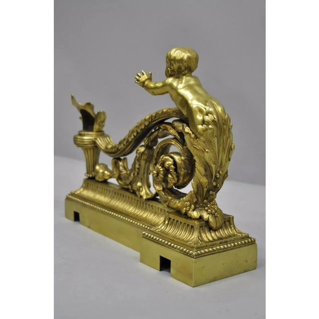 Gold Antique French Louis XV Style Bronze Cherub Chenets Fireplace Andirons- a Pair For Sale - Image 8 of 10