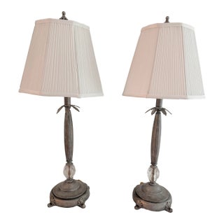 Silvered Metal Table Lamps With Crystal Accents & Pleated Shades - A Pair For Sale
