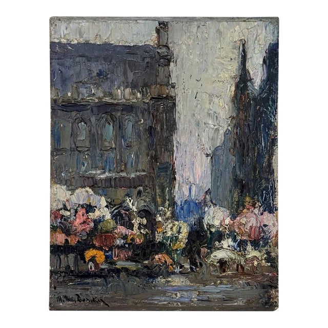 Antique Signed Oil Painting on Board 'Brussels Flower Market on the Grand Place' For Sale