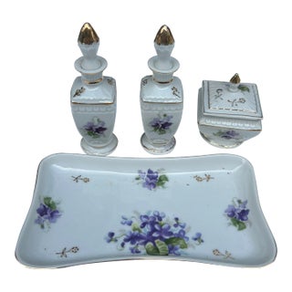 1970s Collection of Ceramic Decorative Vases and Tray With Purple Flower Details- 4 Pieces For Sale