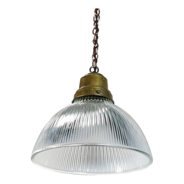 1960s Holophane Clear Glass Vintage Industrial Pendant Light For Sale