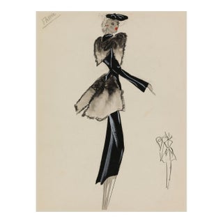 Vintage French Fashion Art Print – Black Coat and Gray Fur Illustration, 36" X 48" For Sale