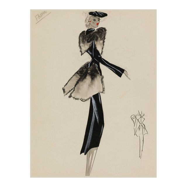 Vintage French Fashion Art Print – Black Coat and Gray Fur Illustration, 36" X 48" For Sale