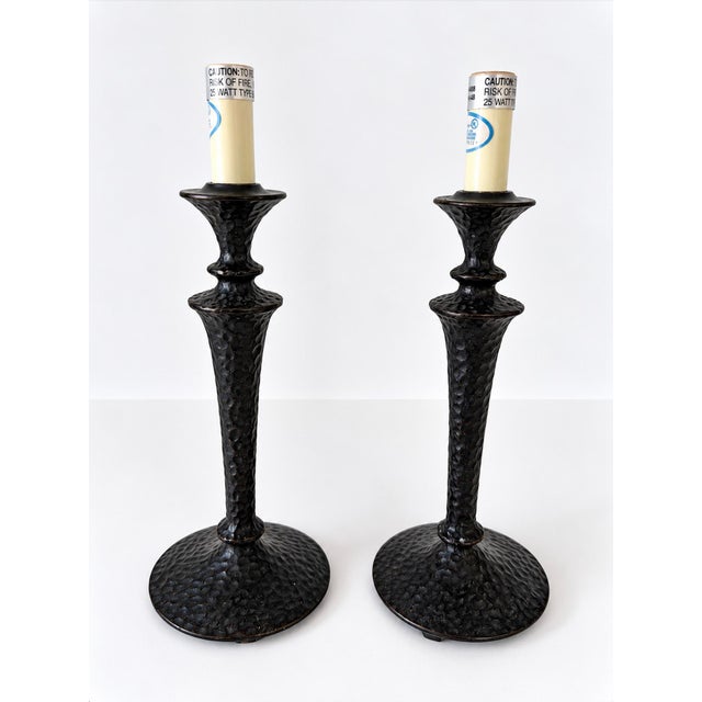 Metal Small Dark Patinated Brass or Bronze Giacometti Style Table Lamps - Pair For Sale - Image 7 of 14