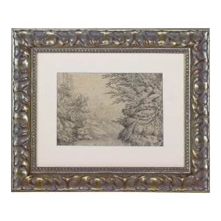 19th Century English Graphite Landscape Drawing of a River Gorge With Trees For Sale