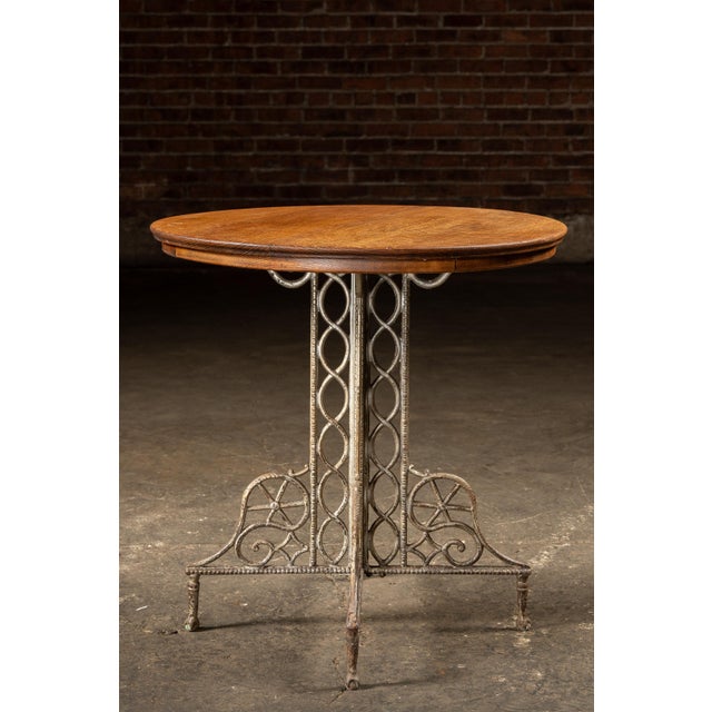 Art Nouveau Antique Quarter Sawn Round Oak and Cast Metal Café Table For Sale - Image 3 of 10
